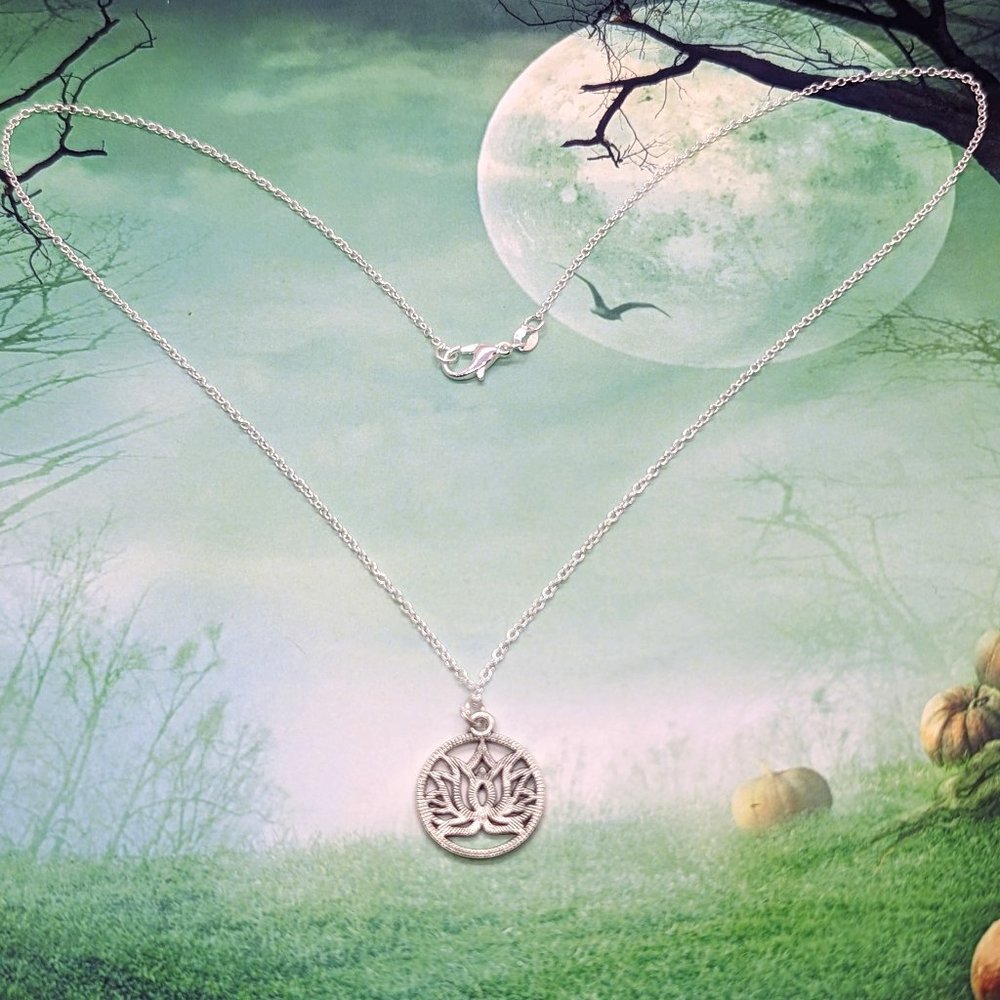 Buddhist Lotus Flower in Circle Silver Necklace - Picture 3 of 3